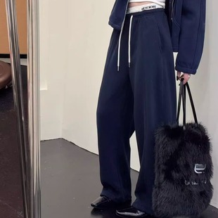 中线显瘦窄版弯刀拼接松紧腰卫裤加绒直筒阔腿裤女冬季宽松运动裤