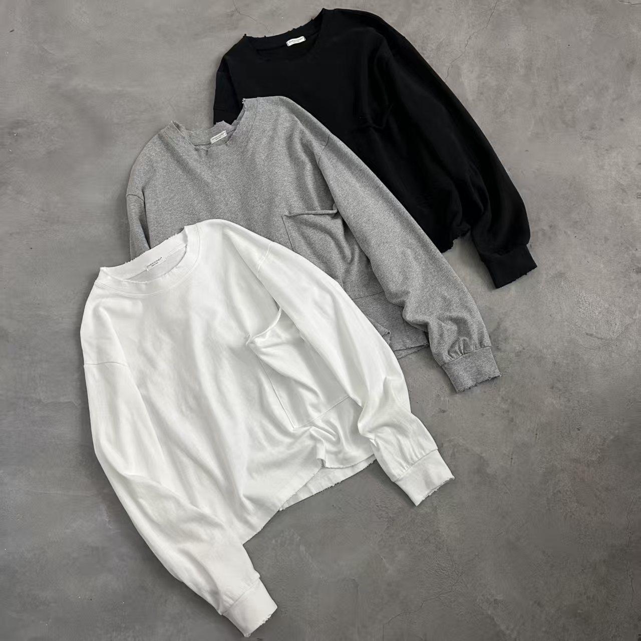 2026春季薄款~短款圆领磨破做旧落肩口袋棉T恤女宽松破洞长袖打底