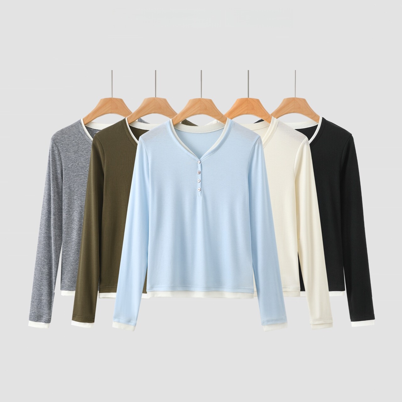 骨感亨利领V领正肩假两件长袖T恤女春季百搭显瘦修身打底休闲上衣