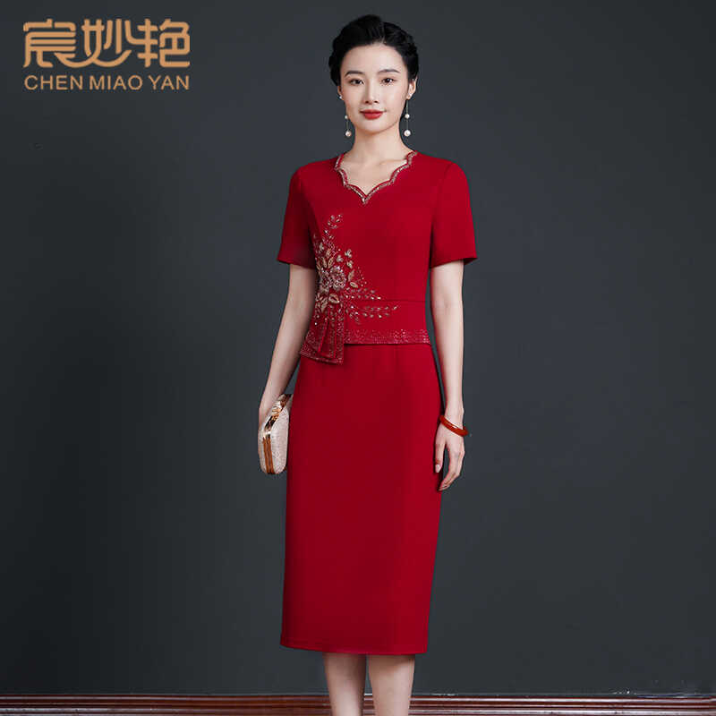 夏季新款年轻喜婆婆喜妈妈婚宴礼服中长款高贵优雅气质宴会连衣裙