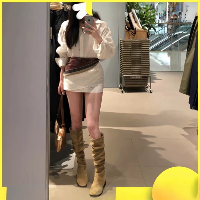 堆堆靴长筒靴子夏季薄款中筒复古卡其色尖头废土风西部长靴高筒靴