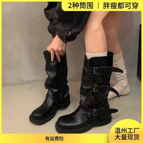 复古西部牛仔中高筒粗跟女骑士靴