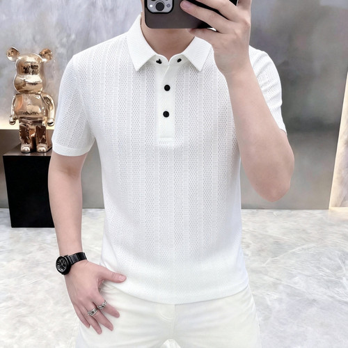 2026夏季薄款冰丝条纹翻领Polo衫男士时尚休闲修身短袖上衣男装