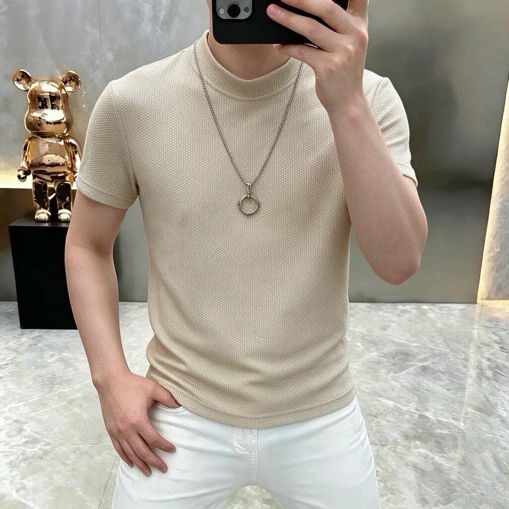 秋季新款高档男士轻奢潮流老钱风半高领短袖休闲T恤宽松百搭纯色