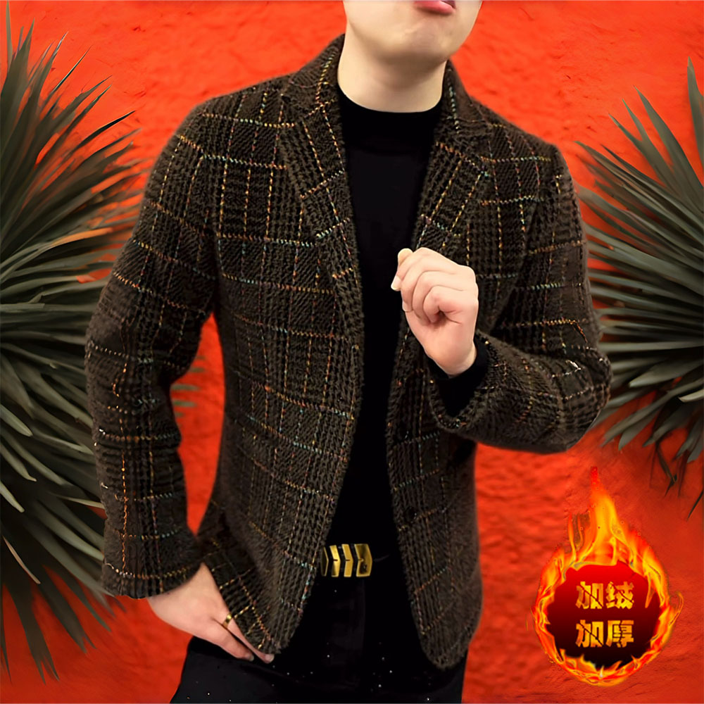 《花纱飞织》加绒西装外套冬季时尚轻奢帅气休闲免烫冬季加厚潮流