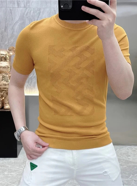 2025欧货轻奢男士针织冰丝短袖T恤纯色时尚百搭夏季半袖上衣25268