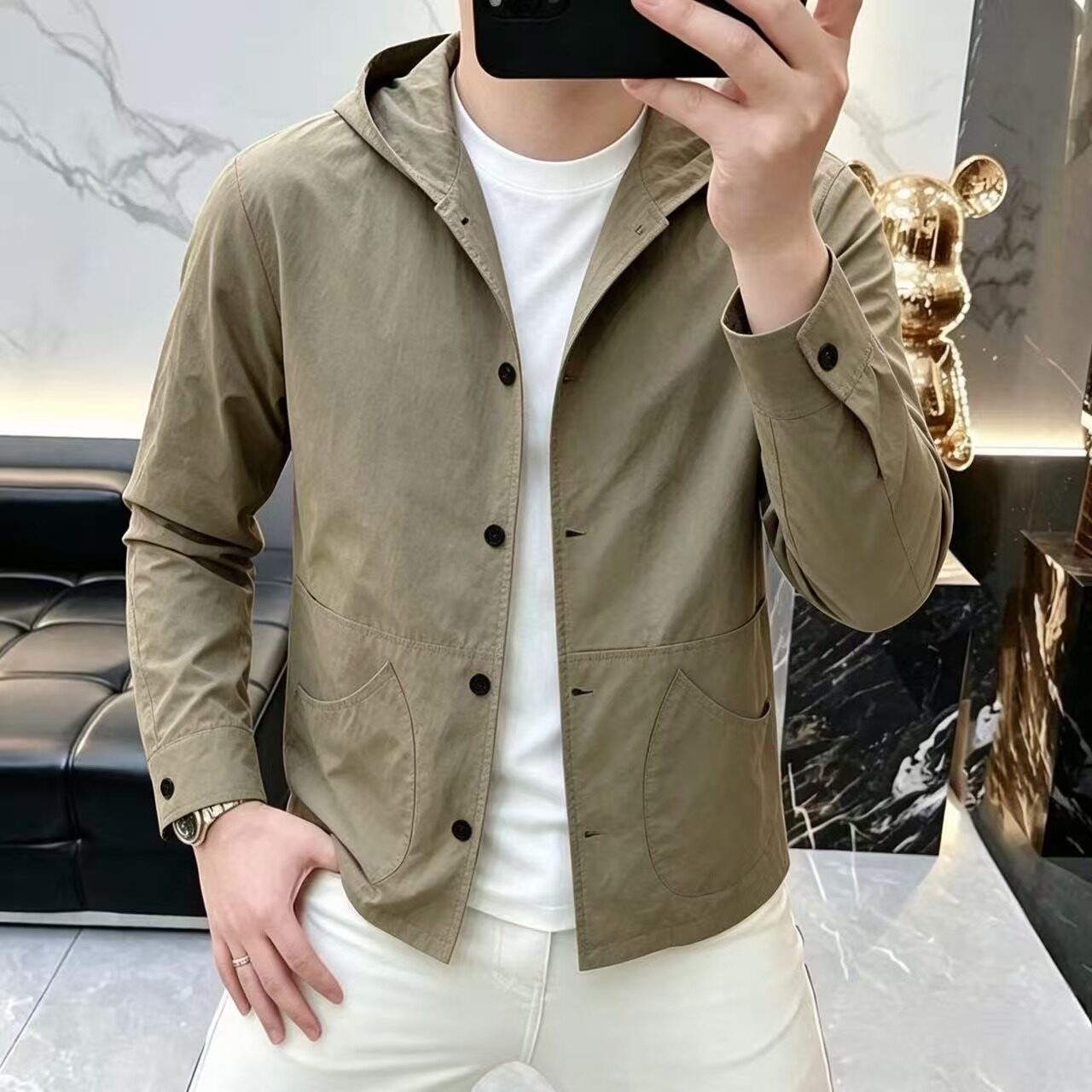 L时尚男士春秋肌理感口袋设计连帽衬衫潮牌户外休闲宽松上衣F02
