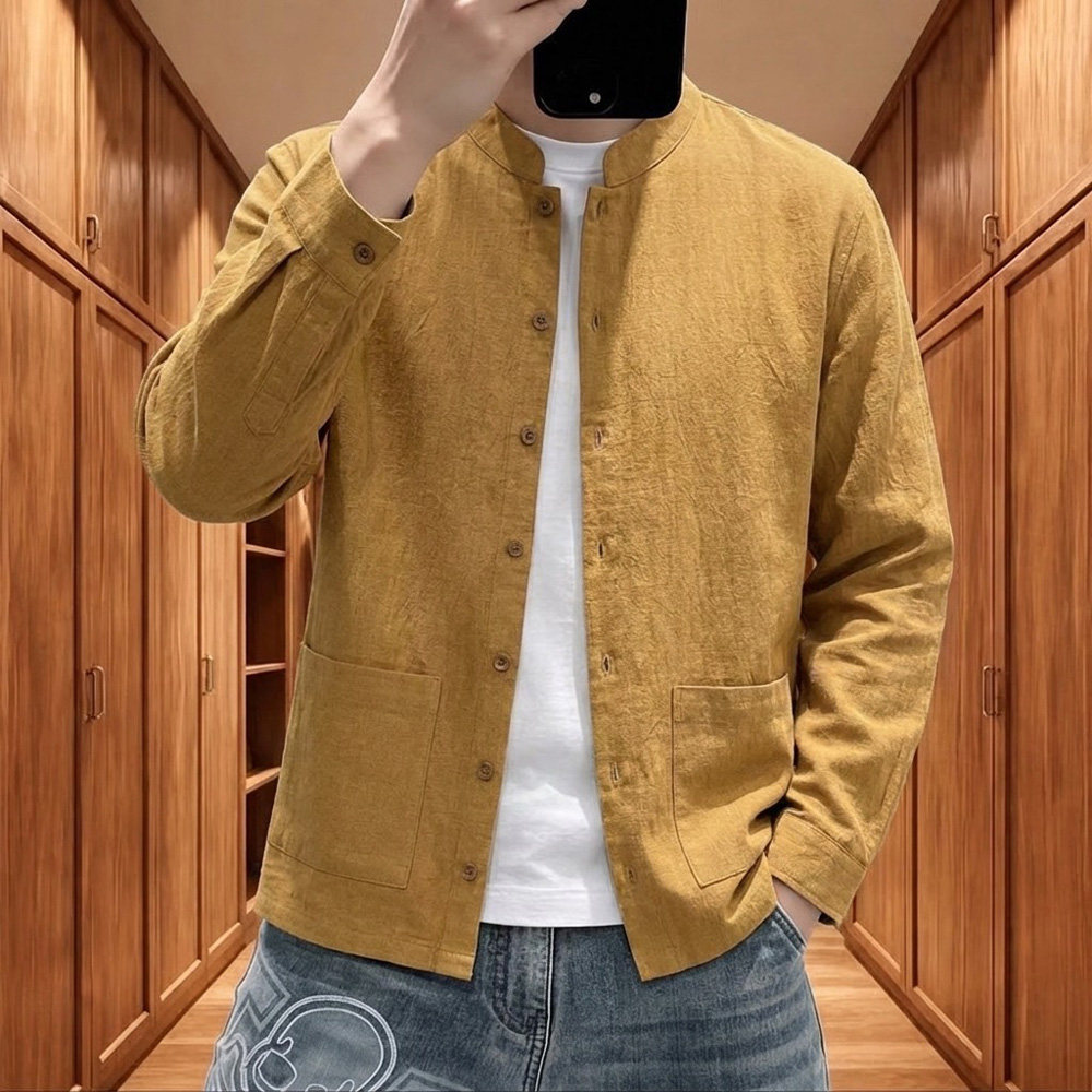 【简约百搭】秋季男士苎麻舒适休闲潮流夹克长袖立领衬衫T51