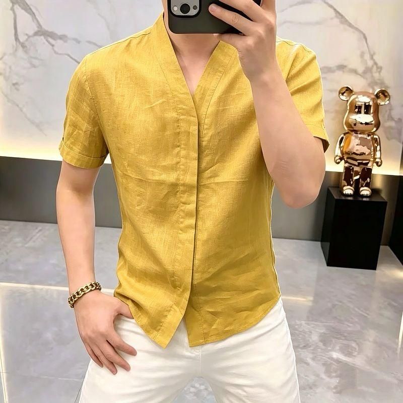 高档夏季男士无领暗扣短袖衬衫休闲百搭痞帅半袖衬衣轻奢男装3372