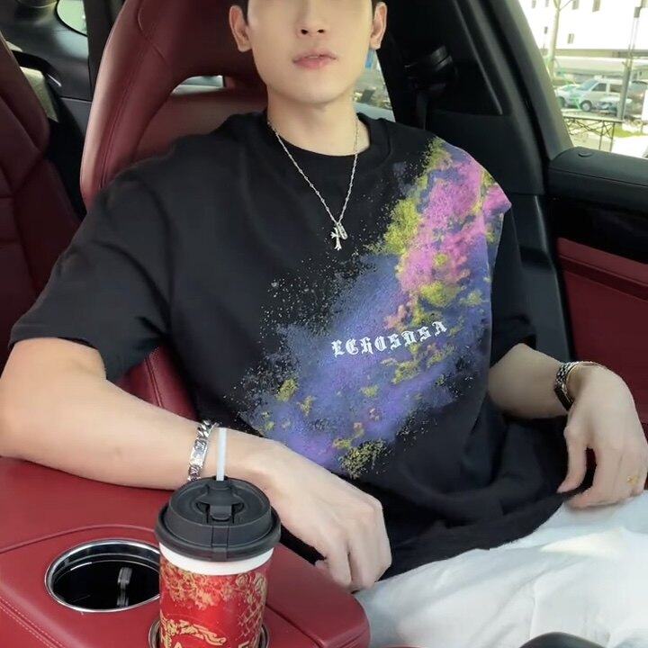 T798新款彩色花海印花男女情侣短袖时尚百搭休闲上衣潮流宽松T恤