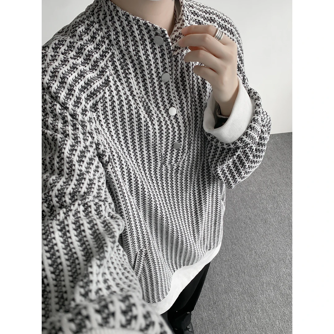 鱼骨纹肌理排扣立领卫衣男春秋潮牌重磅套头上衣宽松大码长袖外套