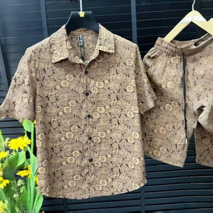 2025年新款渐变潮流短袖短裤开衫男士标准版男衬衫碎花套装8690