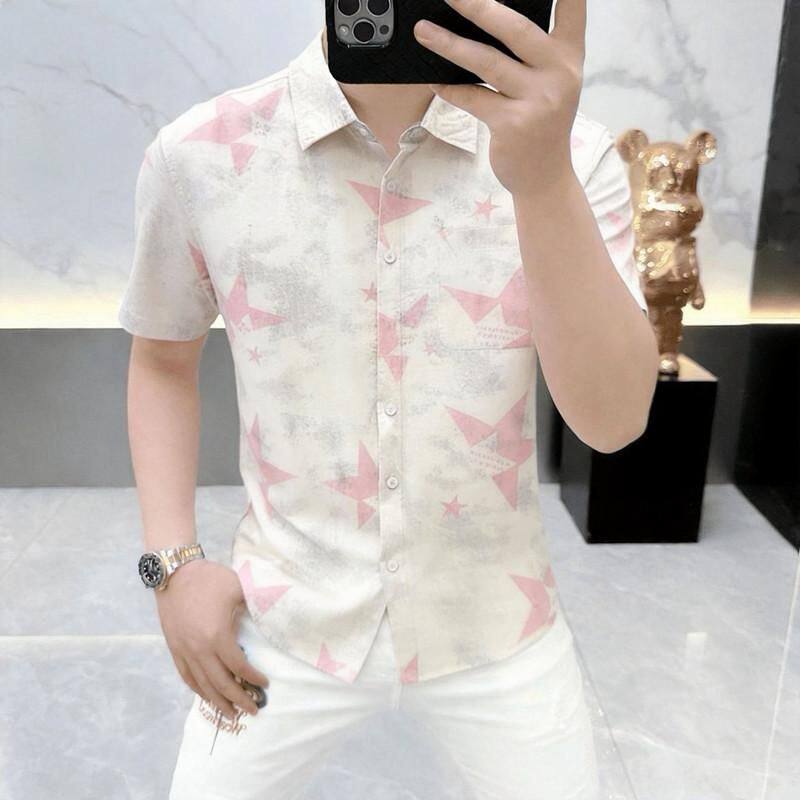 高档夏季星星印花高级感短袖衬衫男士时尚休闲半袖潮流宽松衬衣服