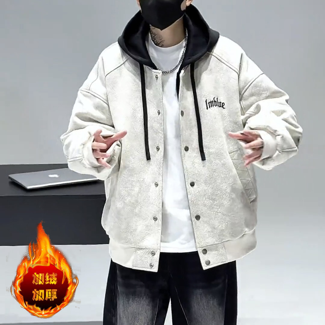 冬季新款连帽夹克加绒加厚棒球服青少年学生宽松外套潮9808