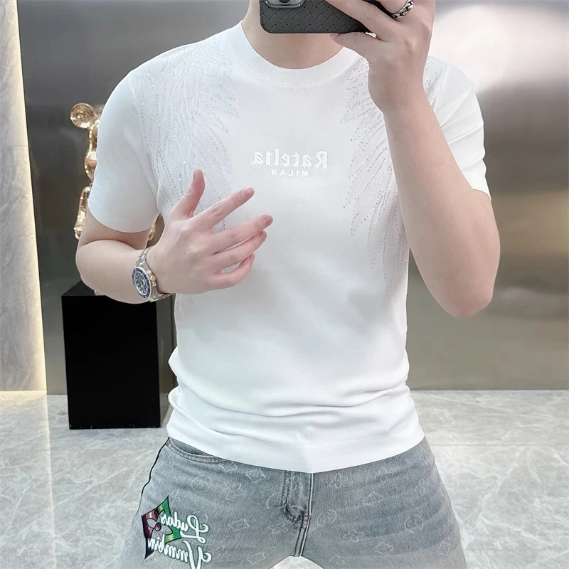 欧货轻奢男士针织冰丝短袖T恤白色时尚夏季百搭半袖上衣烫钻潮017