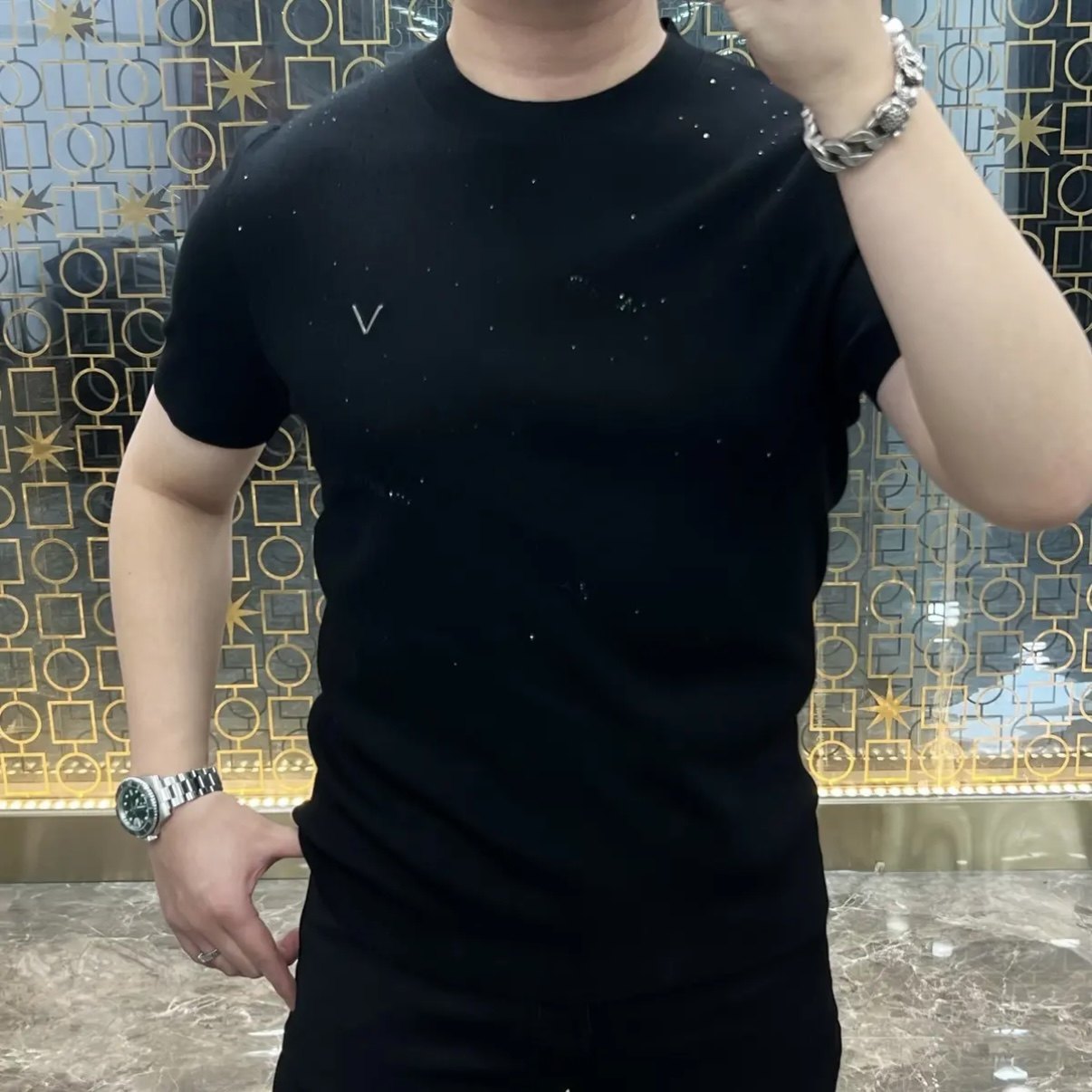 2025春季上新男士时尚烫钻纯色轻奢针织短袖打底衫春季新款