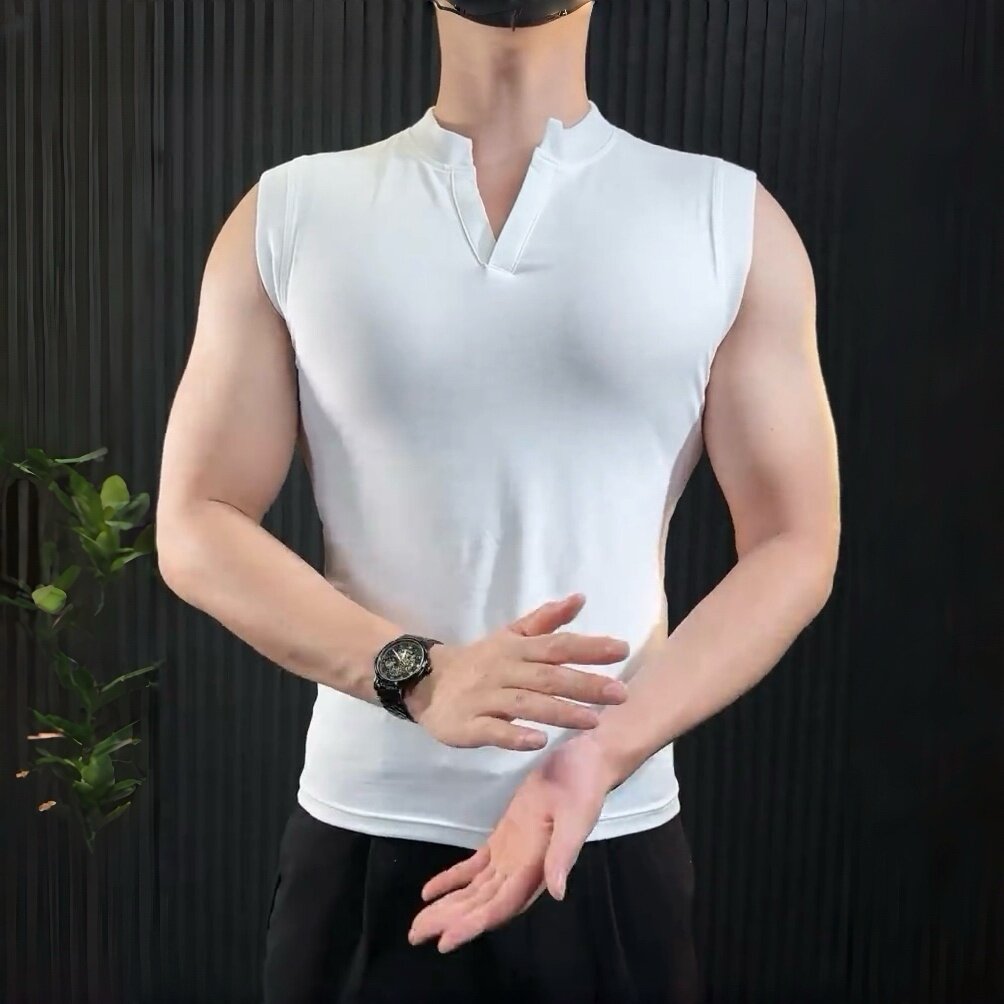 无袖V领坎肩背心男士夏季薄款透气上衣运动健身痞帅男款短袖T恤