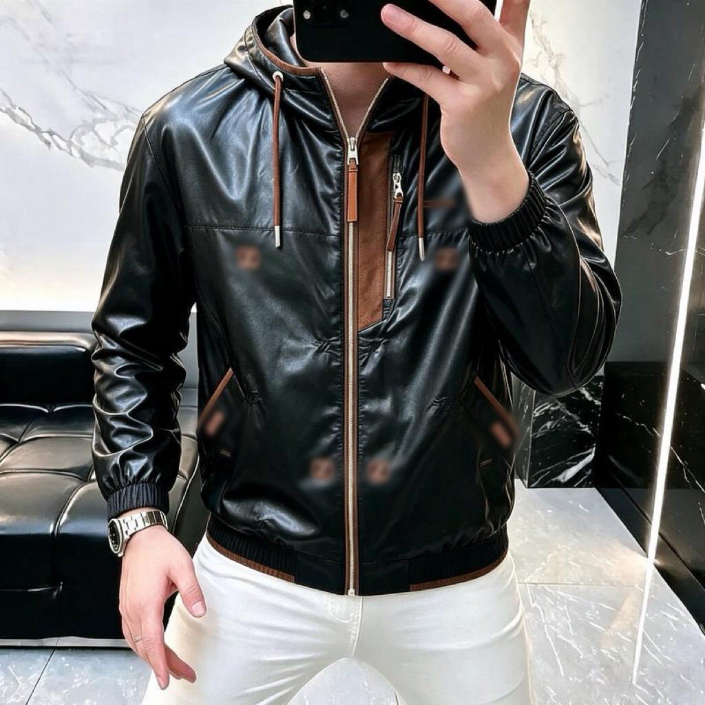 高档轻奢春秋新款男士潮流帅气休闲时尚百搭连帽夹克外套8210皮衣