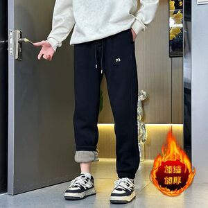 青少年学生冬季休闲直筒加绒加厚卫裤宽束两用时尚百搭抽绳休闲裤