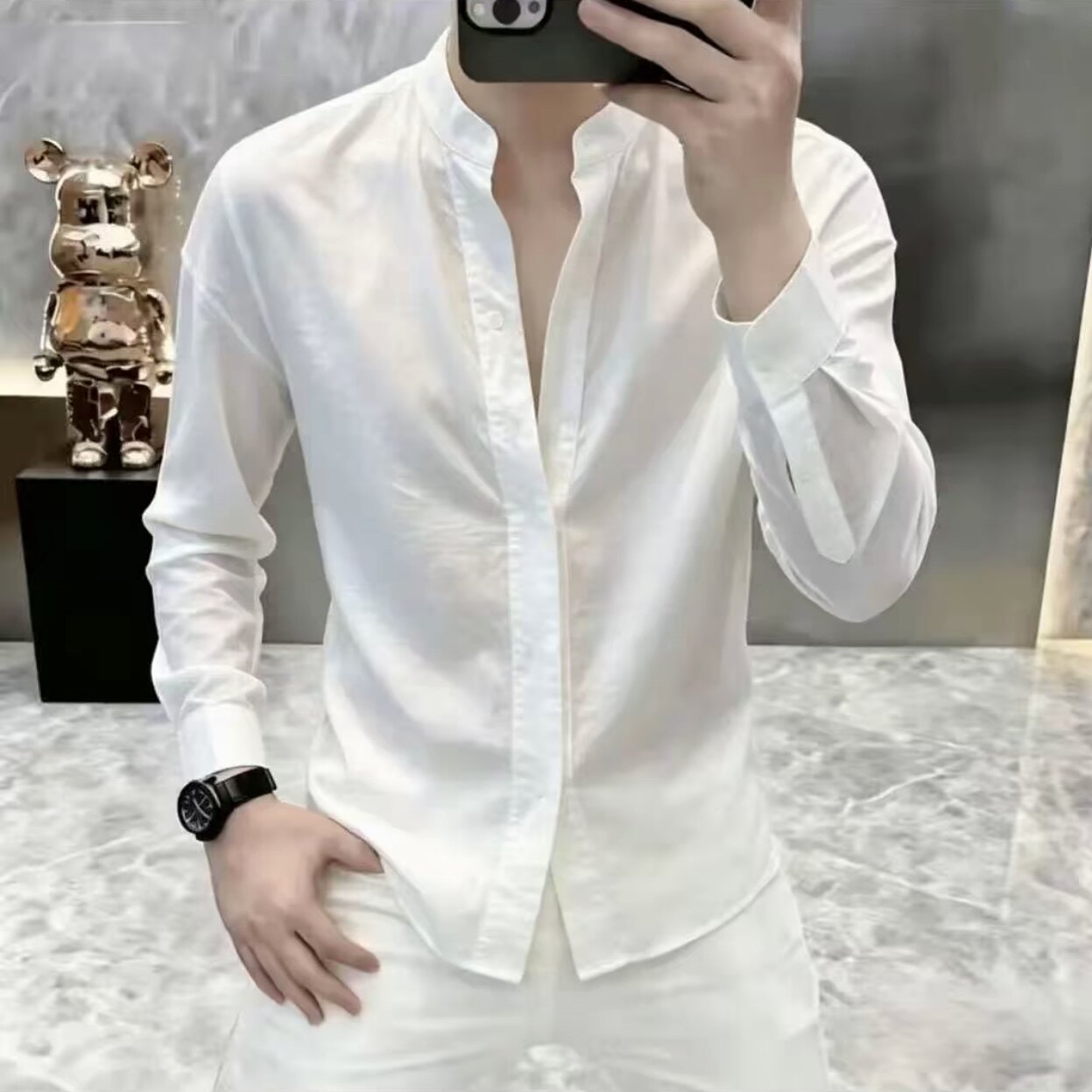 高档轻奢秋季新款男士纯色立领长袖衬衫潮流帅气休闲时尚百搭S516