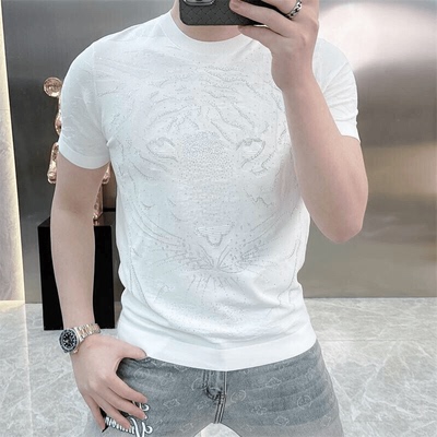 欧货夏季新款修身帅气虎头烫钻提花圆领冰丝短袖T恤男半袖针织衫