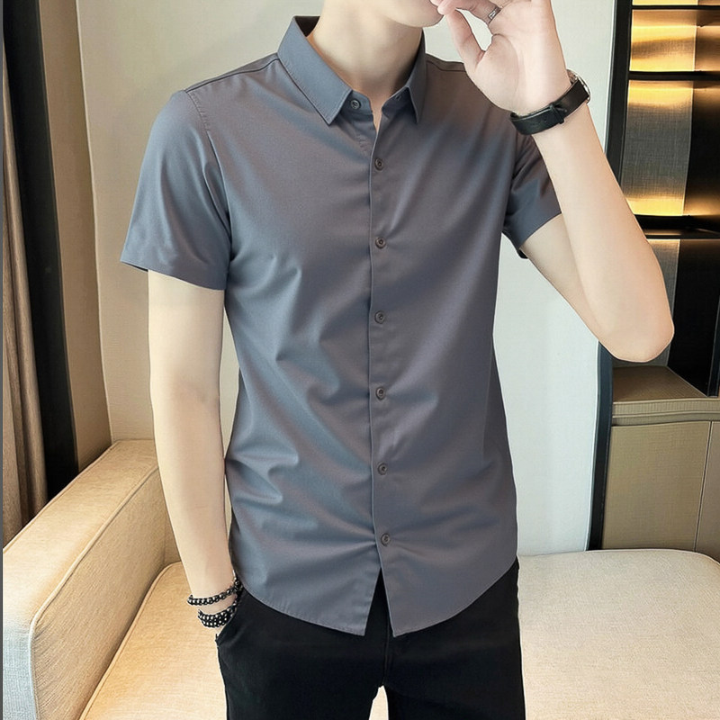 高端男士短袖衬衫2026夏季新款男无痕百搭休闲翻领半袖衬衫男上衣