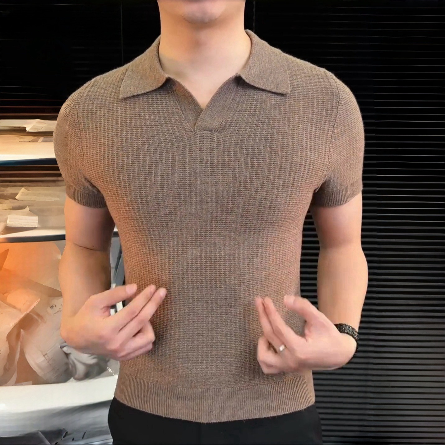 小V领polo衫男款爆款2026新款痞帅男装针织修身打底衫男士短袖t恤