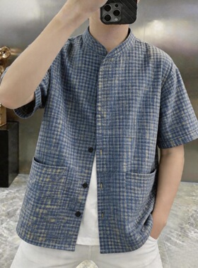 M时尚立领蓝色格子衬衫潮牌男士夏季宽松休闲小众设计感衬衣S321