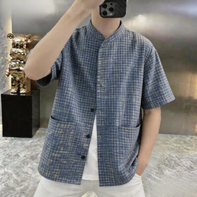 M时尚立领蓝色格子衬衫潮牌男士夏季宽松休闲小众设计感衬衣S321