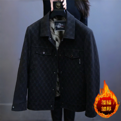 加绒加厚夹克男士外套2025新款翻领上衣服男款百搭提花拼接秋冬装