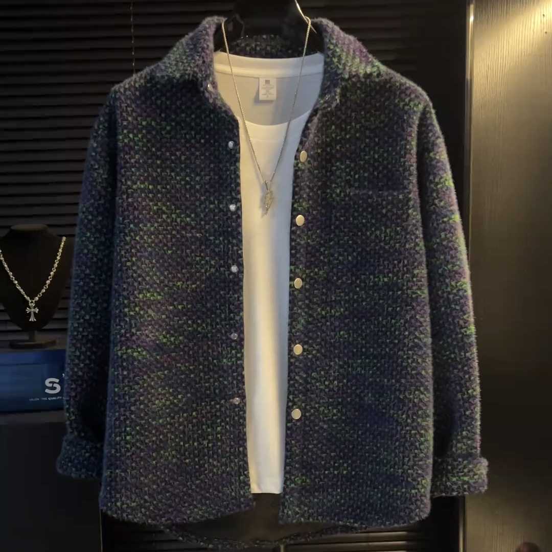 秋季格子小香风外套编织设计时尚潮流宽松休闲百搭男士上衣