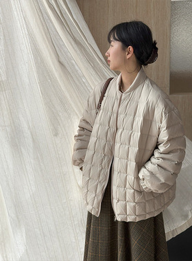 灯笼袖韩系设计感方格羽绒服女冬宽松立领高级感拉链外套6166