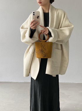 秘鲁苏力贝贝羊毛双面呢大衣大翻领宽松澳毛外套女冬新款519