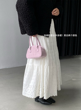 加厚米白蕾丝长款半身裙女2025冬季高腰显瘦A字裙长裙