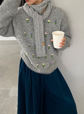 走花路 重工刺绣软糯套头针织女冬减龄宽松圆领毛衣