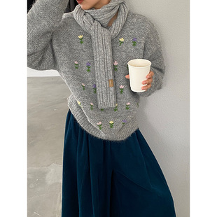 走花路 重工刺绣软糯套头针织女冬减龄宽松圆领毛衣