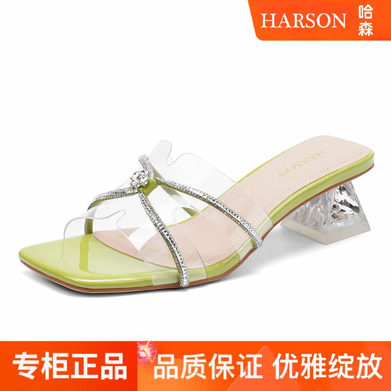 哈森凉拖鞋女鞋2026夏季新款水钻透明粗跟一字拖露趾套脚HM267153