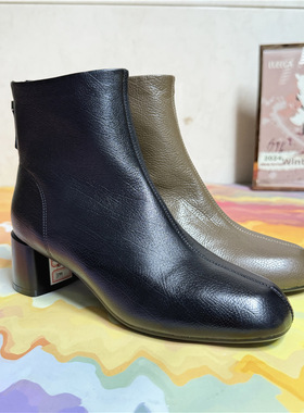 路贝佳短靴打蜡亮面女靴子纹理羊皮2025冬款新款时装靴L24945F-38