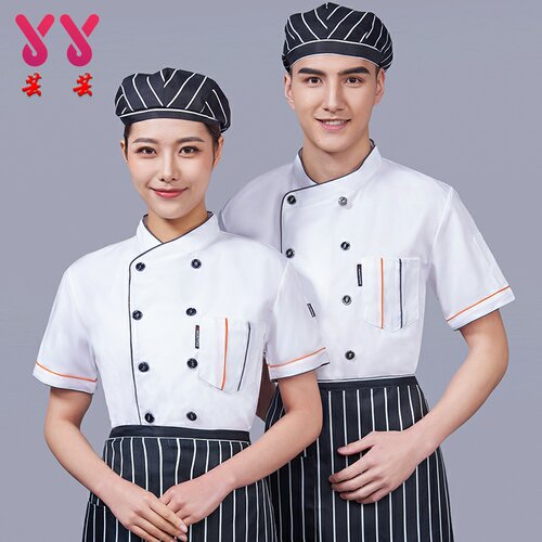 灰边厨师工作服定制餐饮厨房饭店蛋糕店烘焙短袖时尚厨师服大码