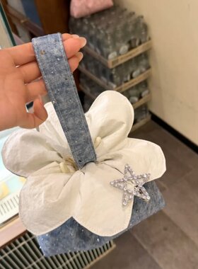 牛仔闪钻花朵手拎包女五角星水钻小众设计感甜妹手提小包