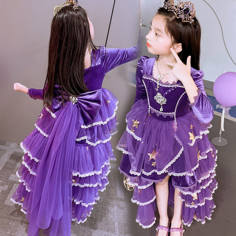 韩国高级感女童丝绒连衣裙秋冬洋气拖尾蓬蓬裙儿童公主裙高端礼服