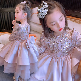 韩国高端女童连衣裙秋冬款 加绒洋气亮片蓬蓬裙儿童公主裙生日礼服