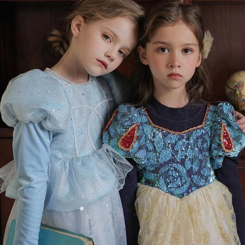 女童公主裙秋冬季加绒儿童洋气连衣裙泡泡袖针织毛衣裙蓬蓬纱