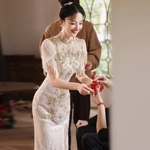 新中式晚礼服轻奢高定敬酒服新娘出阁服香槟色旗袍订婚连衣裙春秋