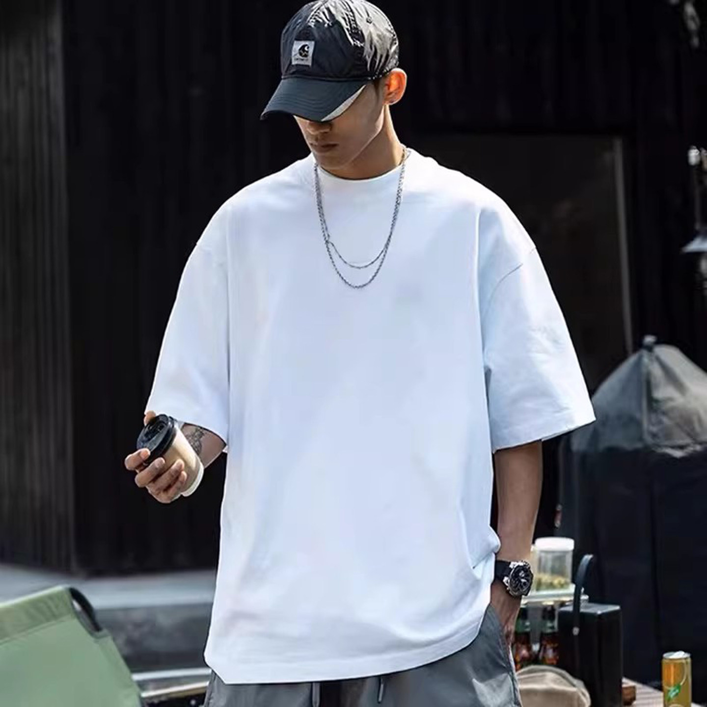 重磅美式短袖 落肩T恤男欧美宽松纯色打底衫 加长高个子简约半袖