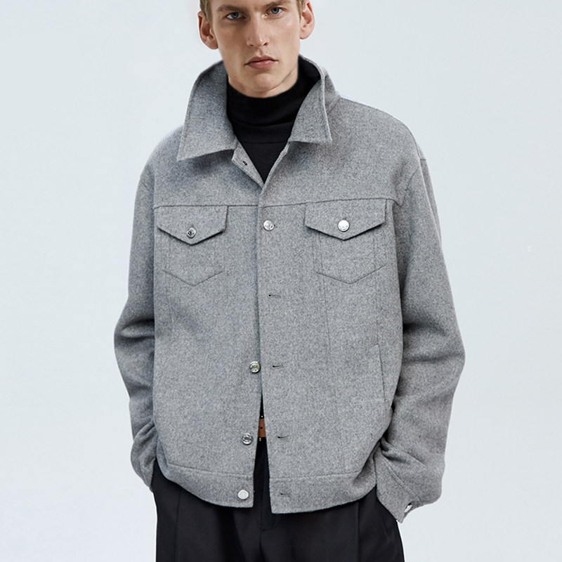 男士灰色雙面羊毛夾克春季青年韓版潮流寬松翻領工裝短款毛呢外套在類目 男裝, 夾克中 - 來自Buy2taobao.com提供專業的淘寶代購服務