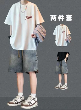 夏季潮流短袖T恤牛仔短裤套装