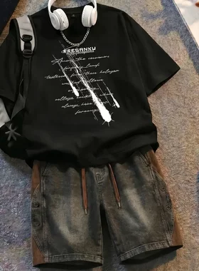 夏季男士纯棉T恤牛仔短裤套装