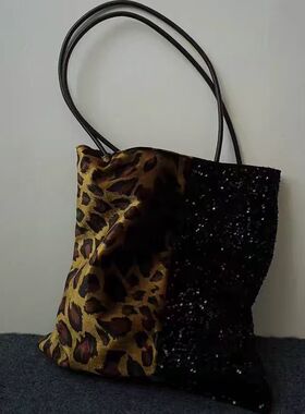 秋冬小众时髦动物纹真丝复古豹纹拼亮片托特包单肩包Floatody原创