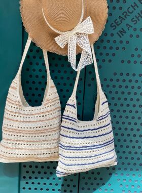 新款条纹田园编织女包大容量单肩腋下包小众毛线钩织托特包批发